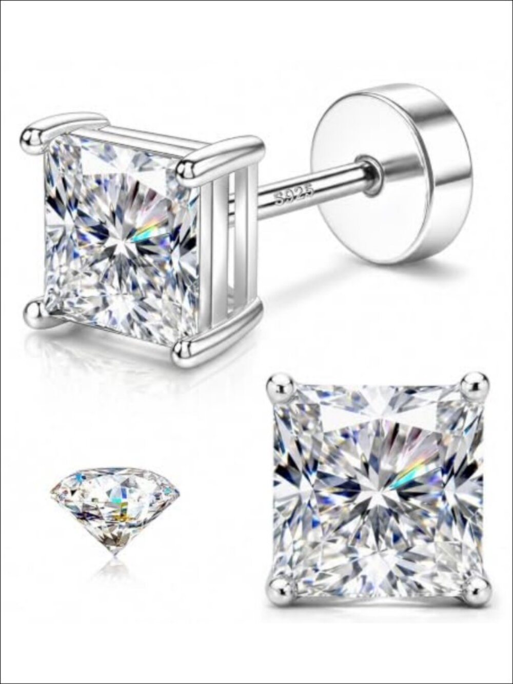 925 Sterling Silver Square CZ Stud Earrings Screw Back Unisex 3-8MM